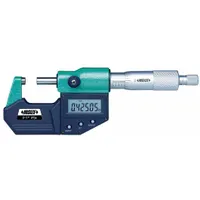 This splash-resistant digital outside micrometer measures 2 to 3 inches (50 to 75 mm) with a resolution of 0.00005 in / 0.001 mm and accuracy of ±0.00015 in. The IP65 rating protects against water jets, making it suitable for wet or splash-prone environments in machining and inspection. It includes a Certificate of Inspection and supports inch/metric measurement without SPC output