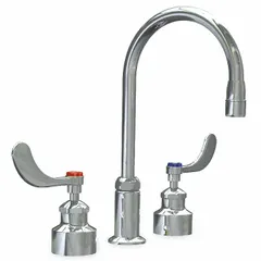This widespread laboratory faucet features a chrome finish and two wristblade handles for hands-free operation, reducing cross-contamination. The aerated outlet delivers a smooth, splash-free water stream suitable for rinsing glassware or washing. Inlet connections are NPT type. Designed for use in laboratory sinks.