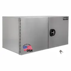 Double barn-door underbody truck box with keyed lock. Silver finish. 24-inch overall depth. Provides secure storage for tools and equipment under truck bodies, commonly used in fleet and vehicle maintenance applications.