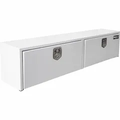 This topside box features double drop-down doors with a T-handle and keyed lock for secure storage. Finished in white, it measures 72 inches overall width. Suitable for organizing tools and equipment in truck beds for fleet and vehicle maintenance applications.