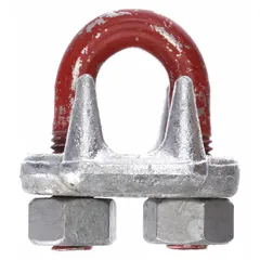 Forged steel U-bolt clip for wire rope termination. Compatible with 5/8 in rope diameter, 12 in rope turnback length. Silver finish. Used to form eyes or loops at rope ends in rigging and lifting applications.