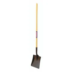 Square point shovel with a 16-gauge steel blade in black finish and a yellow fiberglass straight handle. Used for digging, trenching, and moving loose materials such as soil, gravel, or sand.