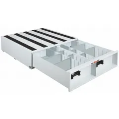 This steel bed-mount storage drawer unit is designed for organizing tools and parts in service trucks or vans. It features four drawers and measures 48 inches wide, 48 inches deep, and 9 inches high with a white finish. Suitable for industrial maintenance, construction, and field service applications.