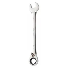Alloy steel construction with a chrome finish. Features an 11/16 in 12-point ratcheting box end and an open end, with an offset design for clearance. Overall length of 8 7/8 in. Used for tightening or loosening fasteners in confined spaces.
