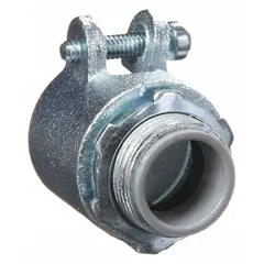 Iron straight connector with squeeze clamp mechanism for terminating and securing armored cable to boxes or enclosures. Features 1 in trade size, 1 in MNPT threads, and insulated throat. cULus Listed.