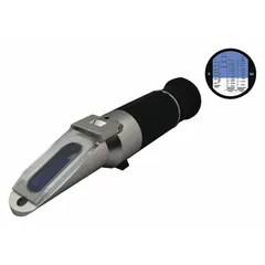Manual analog refractometer for measuring ethylene glycol concentration. Provides accuracy of ±0.01 SG and resolution of 5°F PG freeze point. Features manual temperature compensation. Used in automotive and industrial cooling systems to check freeze point and specific gravity.