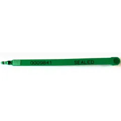 Plastic strap seals with a 7 1/2 in strap length and 1/4 in strap width, rated at 60 lb breaking strength. Laser marked in white with 'Sealed' message and random numbering. Supplied in a 1,000 count pack. Used for securing bags, pouches, and containers in tamper-evident applications.