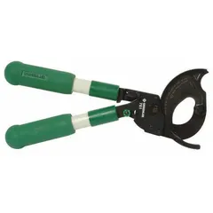 Ratcheting cable cutter with fiberglass handle and center cut design. Cuts aluminum cable up to 1000 kcmil and data cable up to 1 1/8 in diameter. Used for electrical and data cable installation and maintenance.