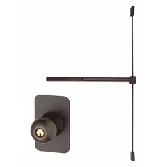 Surface vertical rod exit device with touchbar and knob trim. Bronze finish. For doors up to 4 ft wide. Used on commercial openings requiring panic hardware for emergency egress.