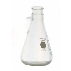 Conical filtering flask with colorless glass body, 50 mL capacity. Meets USP Type I specifications. Compatible with stopper size 4. Used for vacuum-assisted filtration to separate solids from liquids in laboratory settings.