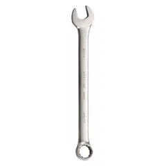 Alloy steel combination wrench with a satin finish and offset design. Features a 46 mm 12-point head and 24 1/8 in overall length. Used for tightening or loosening metric fasteners in confined spaces.