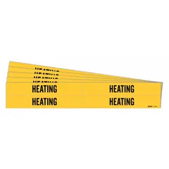 Yellow adhesive pipe markers with black 'Heating' legend, designed for pipes with outer diameter from 3/4 to 2-3/8 inches. Each pack contains 5 sets of 4 markers without directional arrows. Used to identify pipes carrying hot water, steam, or thermal fluids in industrial heating systems.