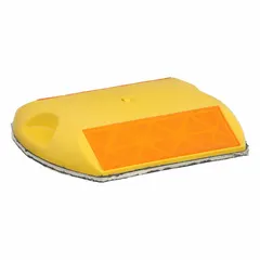 Yellow raised pavement marker with yellow lens, measuring 4 in x 3 1/2 in x 5/8 in. Two-way reflective design for lane delineation on concrete surfaces. Installs using pressure-sensitive adhesive; includes installation hardware. Supplied in a 100-pack.