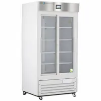 Upright lab refrigerator with 33 cu ft capacity, white finish, and sliding glass door. Maintains temperature range of 1°C to 10°C using R-290 refrigerant. Features door ajar alarm. Overall depth 33 1/4 in. Suitable for storage of temperature-sensitive materials in laboratory environments