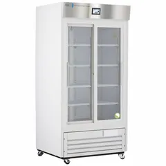 Upright lab refrigerator with 33 cu ft capacity, white finish, and sliding glass door. Maintains temperature range of 1°C to 10°C using R-290 refrigerant. Features door ajar alarm. Overall depth 33 1/4 in. Suitable for storage of temperature-sensitive materials in laboratory environments.
