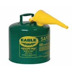 Type I safety can for storing and dispensing oil. 5-gallon capacity. Constructed of powder-coated steel. Includes a funnel for controlled pouring. Suitable for industrial use where safe handling of flammable liquids is required.