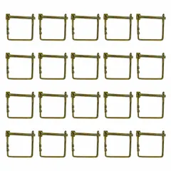 Square one-wire tab-lock pins for securing machinery guards, panels, and quick-release assemblies. Snap-type steel construction with 1/4 in pin diameter, 1/4 in shank length, and 2 in wire diameter. Tight +0.000/-0.000 in tolerances for precision fit. Supplied in a 20-pack.