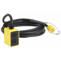 This pendant drop outlet box suspends from overhead structures to deliver power in industrial and commercial environments. It features a 12/3 cord, NEMA 5-15P plug, four outlets, 15 A current rating, and 125V AC. Temperature rating is -40° to 194°F. No power indicator.