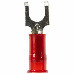 Nylon-insulated fork terminal with insulation grip barrel, rated 600 V. Accommodates #10 stud size and 22–18 AWG wire. Standard fork design allows connection and disconnection without fully removing the stud nut. Used for power distribution and signal circuits in control panels and wiring systems.