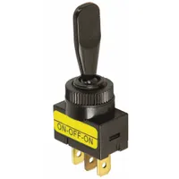 Single-pole single-throw toggle switch with three blade terminals and On/Off/On function. Black actuator and stem. Panel mount design for 12 V or 24 V systems. Suitable for battery isolation, accessory switching, or lighting circuits in automotive and marine applications