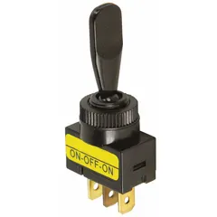 Single-pole single-throw toggle switch with three blade terminals and On/Off/On function. Black actuator and stem. Panel mount design for 12 V or 24 V systems. Suitable for battery isolation, accessory switching, or lighting circuits in automotive and marine applications.