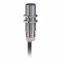 Shielded cylindrical inductive proximity sensor with non-terminated cable and PNP output. Operates on 12-24V DC supply. Used for non-contact detection of metal objects in industrial automation applications such as position sensing and part presence.