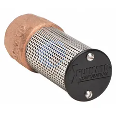 Bronze inline foot valve with 1-inch FNPT connections and stainless steel strainer. Not full flow design rated for 250 psi CWP. Used on pump suction lines to maintain prime and prevent backflow in water and light industrial systems.
