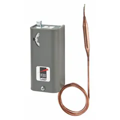 This indoor single-stage line-voltage thermostat features a SPDT switch action (open/close on rise) with a fixed 3.5°F differential. It operates on 24 to 277V AC and includes a 10 ft capillary with a 3 in x 3/8 in bulb in a steel enclosure. Suitable for temperature control in HVAC and industrial processes requiring a range of 25° to 225°F.