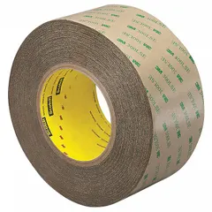 This general purpose adhesive transfer tape features a permanent transparent acrylic adhesive on a polycoated kraft paper liner. It is used for bonding nameplates, decorative trim, and gaskets to metals, plastics, and painted surfaces in industrial assembly and fabrication.