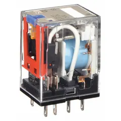 Socket-mounted relay from the OMRON MY Series with DPDT contacts, 12V DC coil, and 10 A current rating. Features a square base with round pins and plug-in mounting. Operating current is 5 A at 250V AC for resistive loads. Suitable for general-purpose switching in industrial control panels and automation systems.