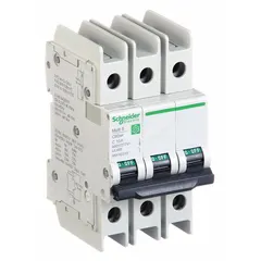This 3-pole miniature circuit breaker features a C-curve trip characteristic for overcurrent protection in branch circuits. Rated 10A with a maximum interrupting rating of 14kA at 120/240V AC, it is UL489 listed for use in industrial and commercial electrical panels. Screw clamp terminals facilitate secure wiring connections.