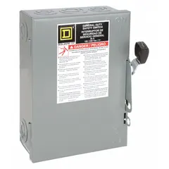 The SQUARE D D211N is a 30 A, single-phase, fusible safety switch rated for 120V AC. It is housed in a galvanized steel enclosure designed for indoor use. This switch provides a means to safely disconnect power for maintenance or emergency shutdown in commercial and light industrial applications.