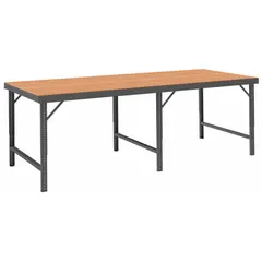 This worktable features a hardboard top over engineered wood, measuring 120 inches by 48-1/4 inches. It supports an overall load capacity of 2,000 pounds and is not expandable or modular. Suitable for industrial assembly, packaging, and maintenance tasks in workshops and warehouses.