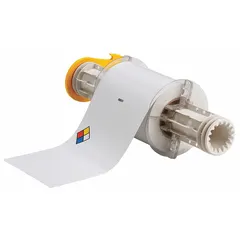 This precut label roll features NFPA diamond hazard warnings and blank text areas for industrial safety labeling. Made of vinyl with acrylic adhesive, it is suitable for indoor and outdoor use on equipment, chemical containers, and facility signage. Compatible with BBP85 printer series.