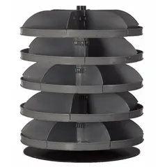 This revolving storage bin features five levels of flat-bottom shelves, each with six bins, for organizing small parts and hardware. The unit rotates for easy access to stored items, suitable for workshops and maintenance areas.