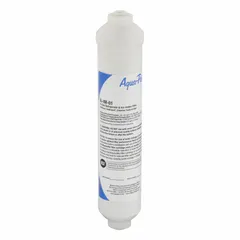 This inline water filter is designed for use with ice machines and refrigerators. It reduces chlorine odor using carbon filter media. The filter has a flow rate of 0.5 gpm, overall height of 10 3/8 in, and overall diameter of 2 1/8 in.