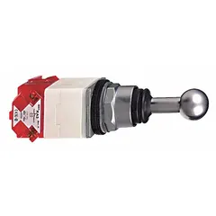 Joystick operator with contact blocks from the 9001K Series. Features a metal bezel, 2NO/2NC contact form, momentary switch action, and 4 positions plus center off. Suitable for vertical and horizontal control in industrial machinery such as cranes, conveyors, and material handling equipment.