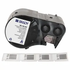 Thermal transfer precut label roll cartridge containing rectangle labels, 1 in x 29/32 in, made of cryogenic polyester with black-on-white print. Compatible with M511 printer series. Designed for vial and tube identification in laboratory and cryogenic environments, accommodating vial/tube sizes from 1.0 to 15.0 mL.