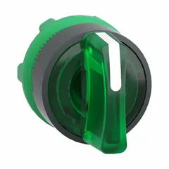 Illuminated selector-switch operator from the Series XB5 with a 22 mm panel mount size. Features three positions with momentary/maintained/maintained action. The non-metallic bezel and short handle are suited for manual control and mode selection in industrial control panels and automation systems.