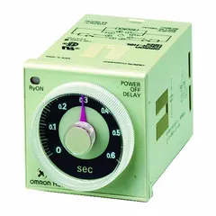 Panel-mounted relay timer accepting 100 to 125V DC or 100 to 240V AC input. Timing range from 0.05 seconds to 300 hours. Surface relay mounting for integration into control panels. Suitable for industrial timing and sequencing applications.