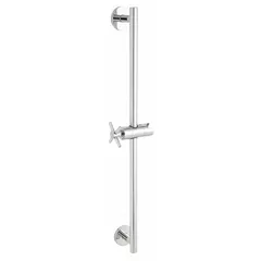 Metal slide bar for handheld showerheads with polished chrome finish. Overall height 25-3/4 inches, width 4-5/8 inches. Allows adjustable height positioning for showering or rinsing tasks.