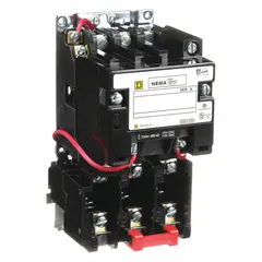 Non-reversing magnetic motor starter for three-phase motors. NEMA Size 1, 27 A, 3 poles, 220/240V AC coil. Screw clamp terminals. Requires three melting alloy thermal units (not included). No auxiliary contacts, operator controls, or pilot light. Used for starting and stopping motors in applications such as conveyors, pumps, and compressors.