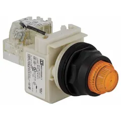 Amber LED pilot light from the 9001SK Series, 30 mm panel mount. Includes push-to-test feature for verifying lamp operation. Used as a visual indicator on industrial control panels to signal machine status or alarm conditions.