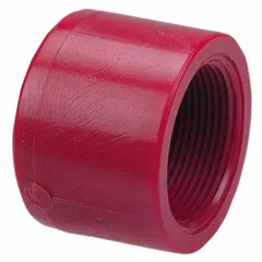 Schedule 80 pipe cap made from polyvinylidene (PVDF) with a 3/4 in female NPT connection. Red in color, it meets ASTM D3222 standards and has a maximum operating temperature of 280°F. Used to seal the end of Schedule 80 PVDF pipe in corrosive fluid handling applications.