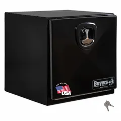 This single drop-down door box from BUYERS PRODUCTS is designed for underbody truck storage. It features a black finish, an 18-inch overall depth, and a keyed lock for security. Suitable for organizing tools and equipment in fleet and service vehicles.