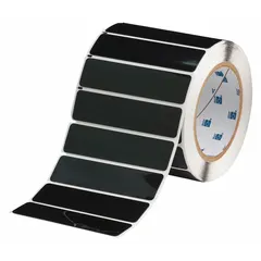 Polyester, black (gloss) precut labels measuring 1 in x 4 in, with 250 labels per roll. Compatible with BBP81 printer series. Used for industrial identification and labeling tasks, such as marking raised-panel electrical enclosures, control panels, and equipment.