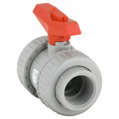 This two-piece CPVC ball valve features a straight body with socket x FNPT connections and a lever handle for manual on/off flow control. Suitable for use in CPVC piping systems requiring corrosion resistance in industrial fluid handling applications.
