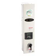 Enclosed three-phase VFD rated at 75 hp with IP20 protection and integrated bypass. Black enclosure. Controls speed of three-phase AC motors in industrial applications such as pumps, fans, and conveyors. Bypass allows manual motor operation during drive maintenance.