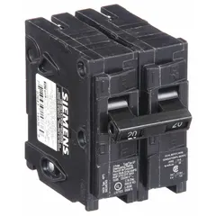 The SIEMENS Q220 is a 2-pole miniature circuit breaker rated 20 A at 120/240V AC, designed for plug-in installation in compatible load centers. It provides overcurrent protection for branch circuits in residential and light commercial applications. This Std type breaker has a 10kA interrupting capacity at 120V AC.