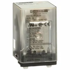 Socket-mounted relay with 3PDT contact configuration, rated 10 A at 120V AC. Features a square base with flat pins and quick-connect terminals. Suitable for switching and control in industrial automation, HVAC, and panel-building applications.
